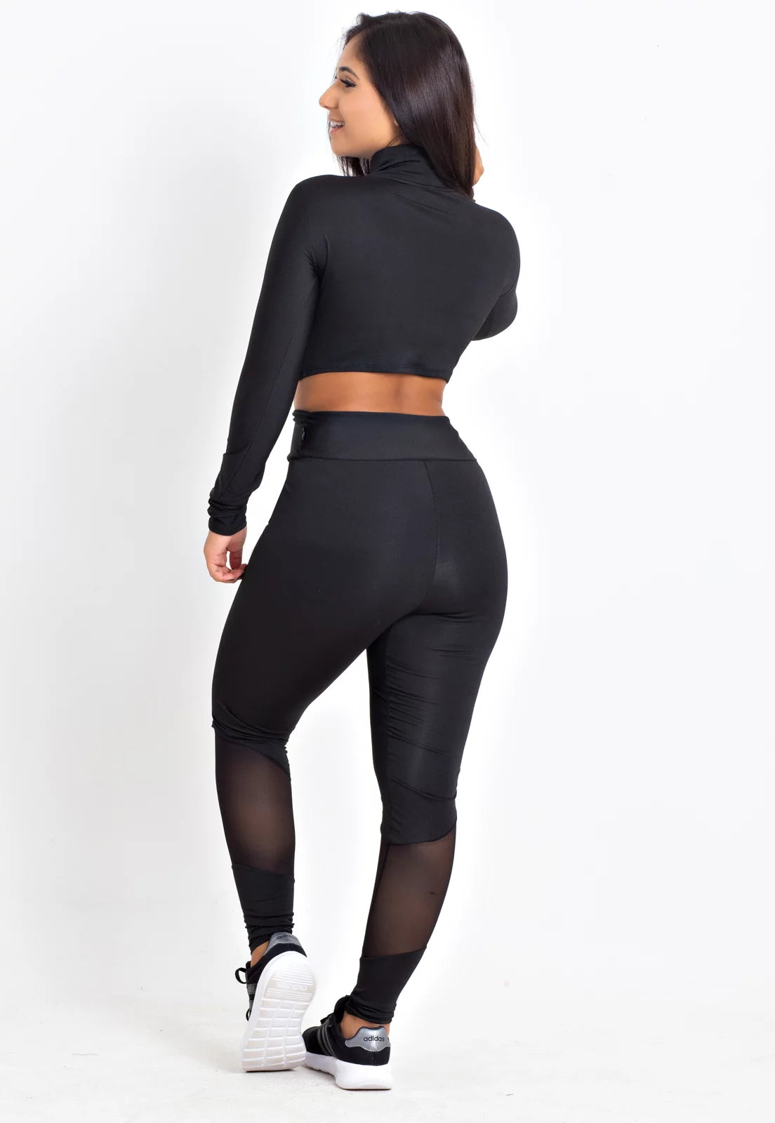 Conjunto Fitness Kit Cropped Gola Alta Manga Longa Calça Legging Preto