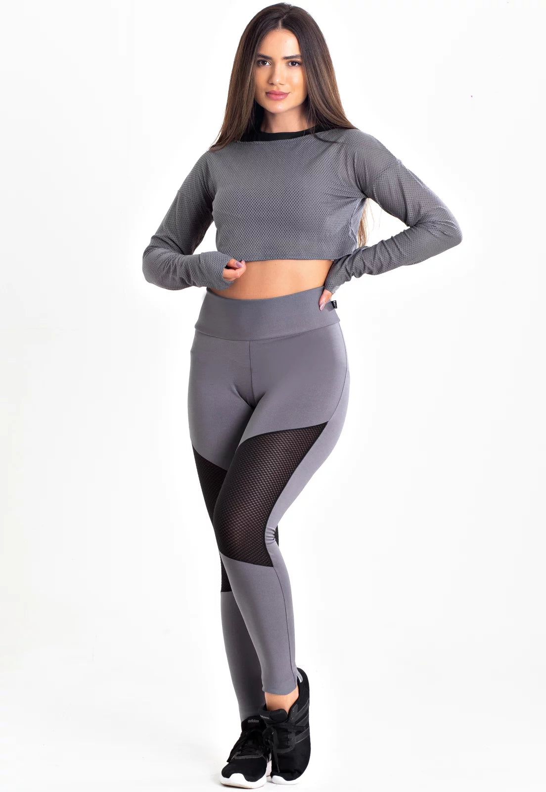 Conjunto Fitness Kit Calça Legging Cropped Tela Manga Longa Cinza