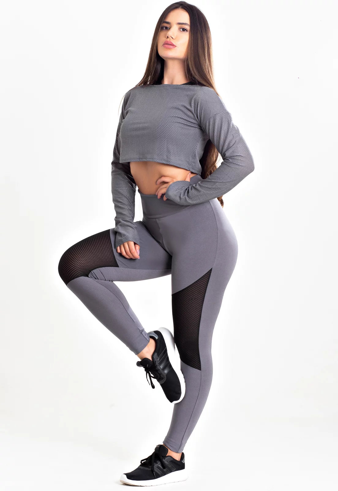 Conjunto Fitness Kit Calça Legging Cropped Tela Manga Longa Cinza