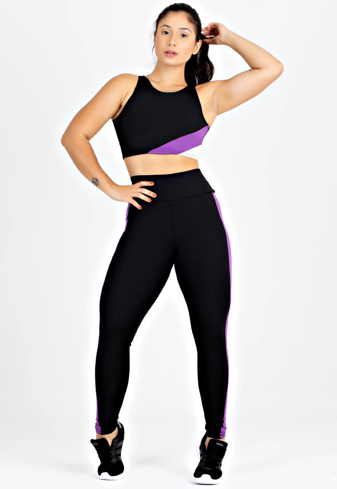 Conjunto Kit Cropped Calça Legging Preto Roxo e Branco