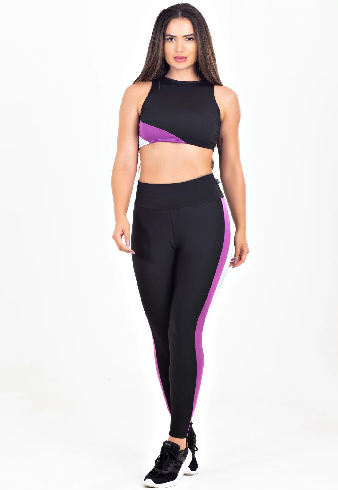 Conjunto Kit Cropped Calça Legging Preto Roxo e Branco