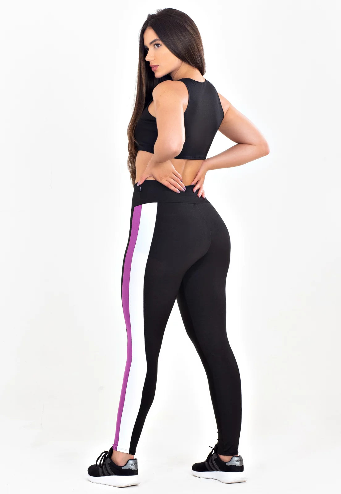 Conjunto Kit Cropped Calça Legging Preto Roxo e Branco