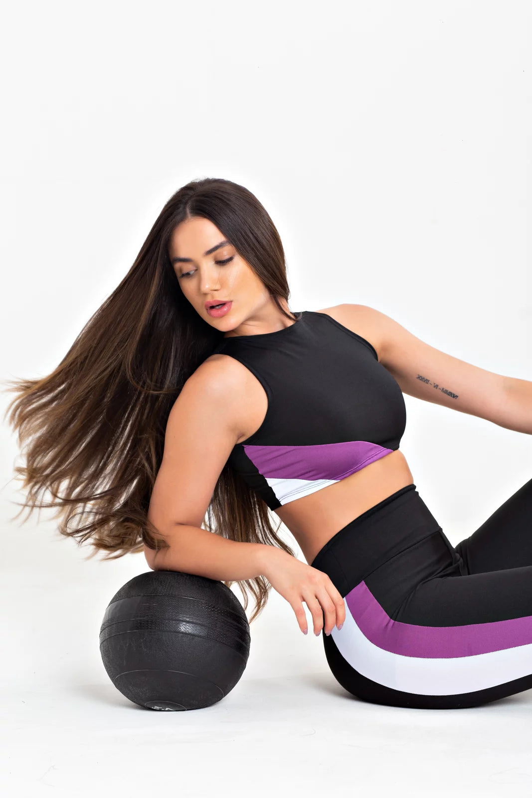 Conjunto Kit Cropped Calça Legging Preto Roxo e Branco