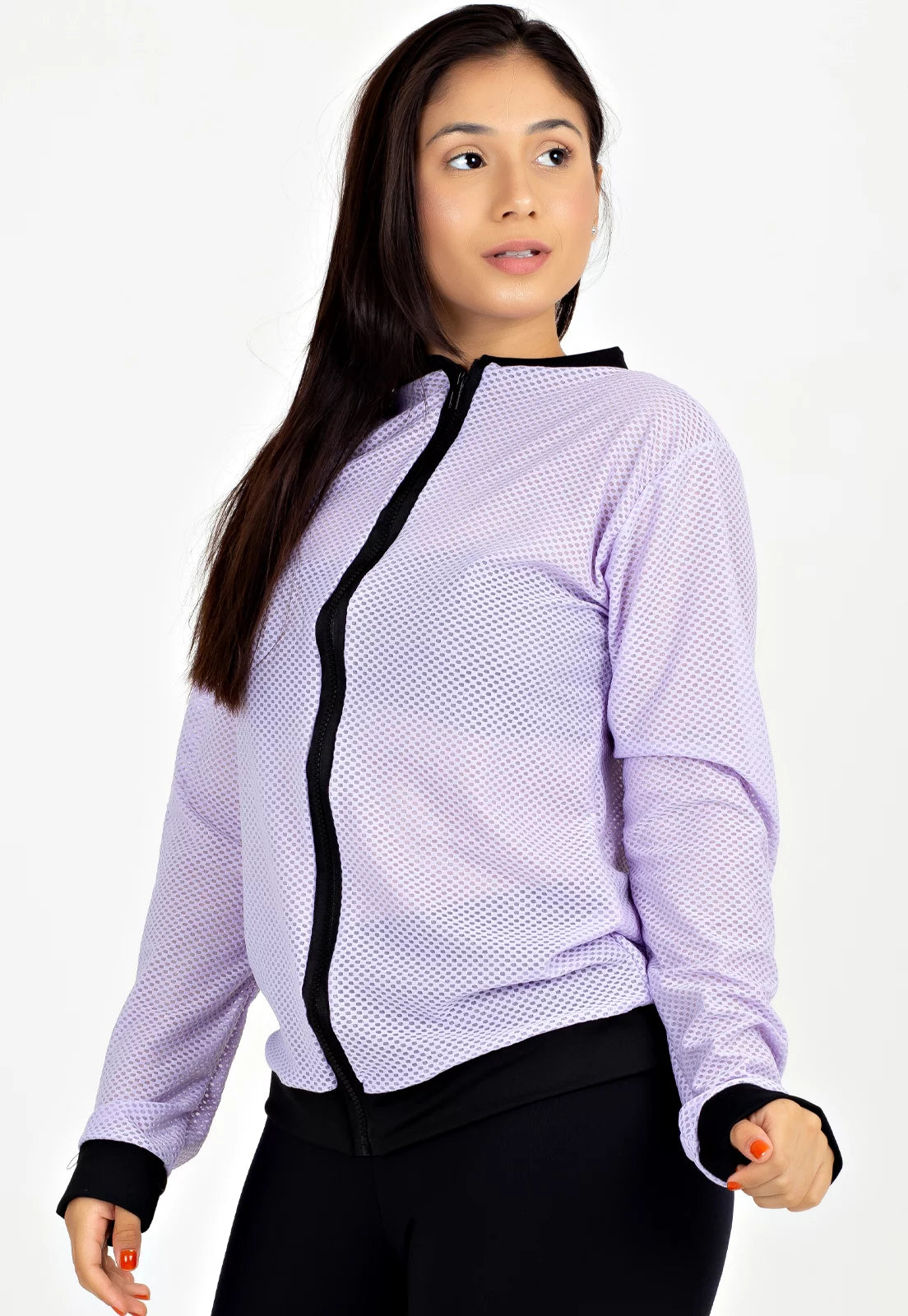 Casaco De Tela Fitness Longo Com Ziper Lilás