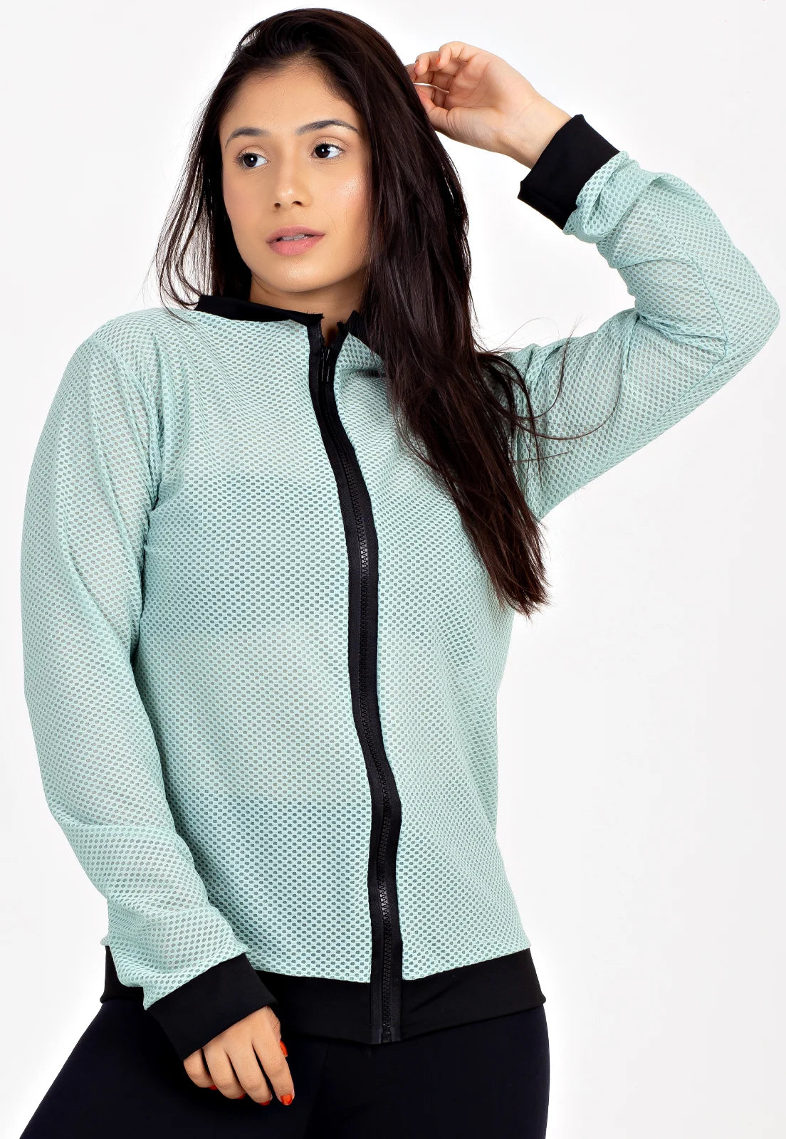 Casaco De Tela Fitness Longo Com Ziper Verde