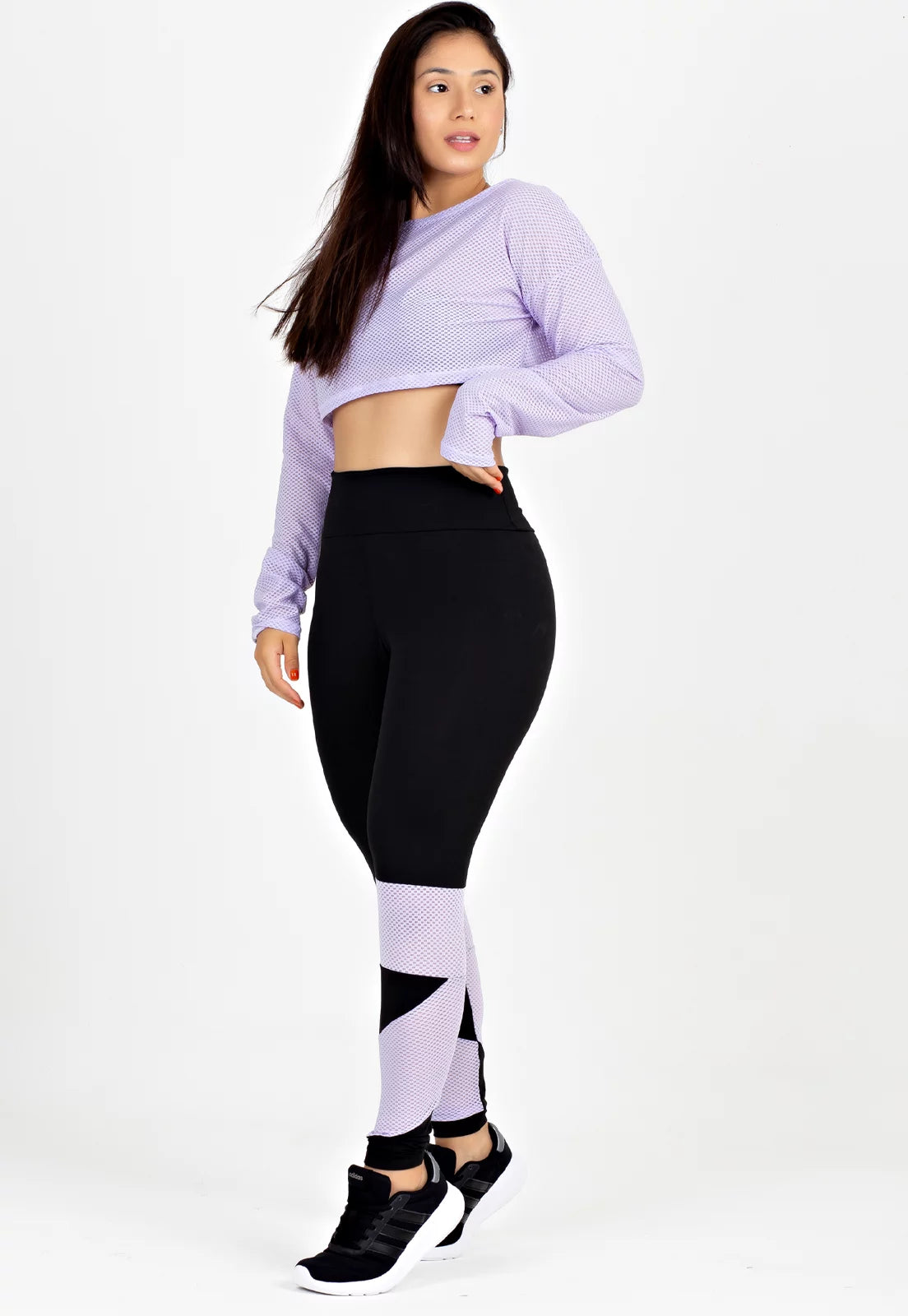 Conjunto Fitness Kit Cropped Calça Legging Preto e Lilás