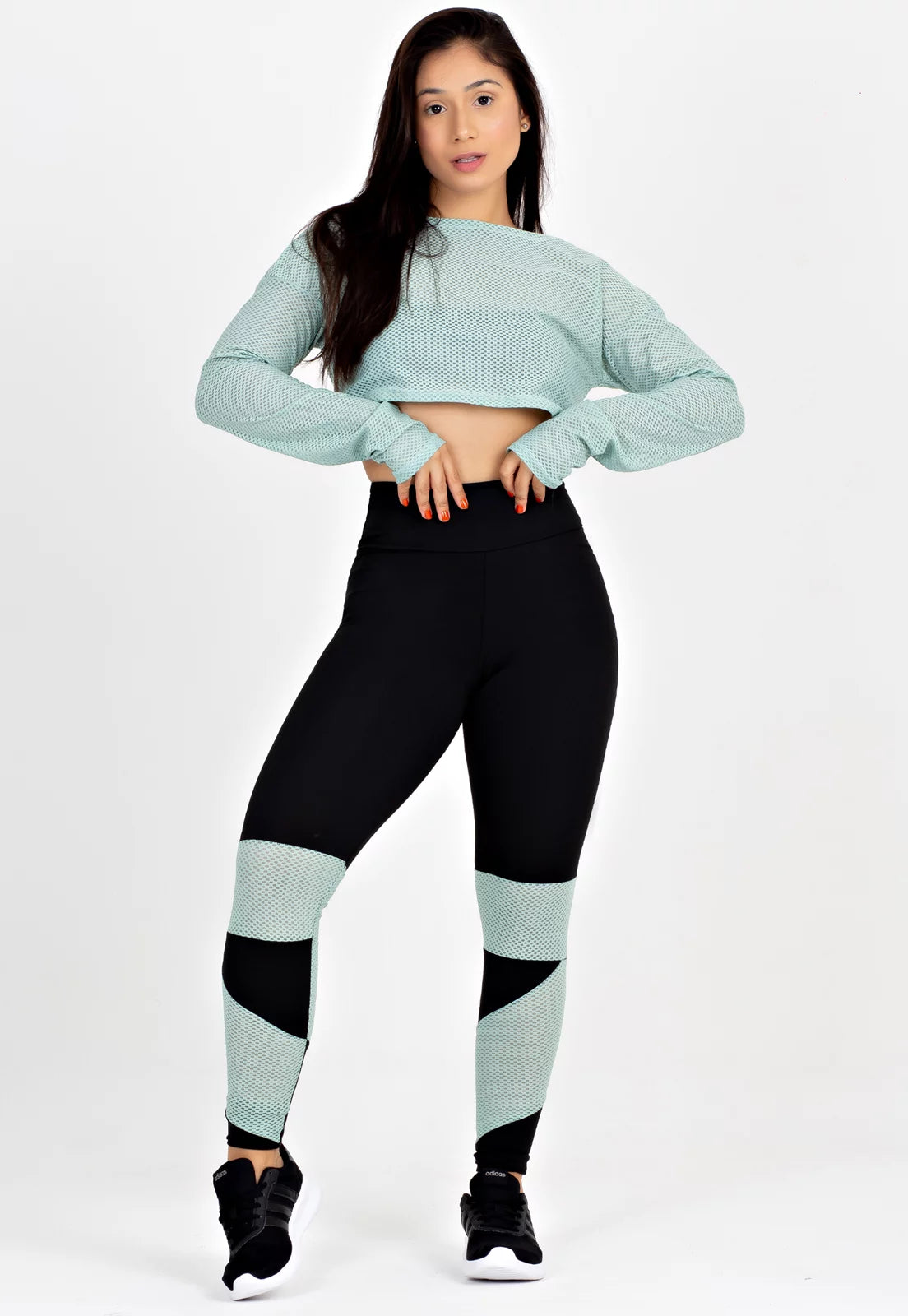 Conjunto Fitness Kit Cropped Em Tela Calça Legging Detalhe Verde