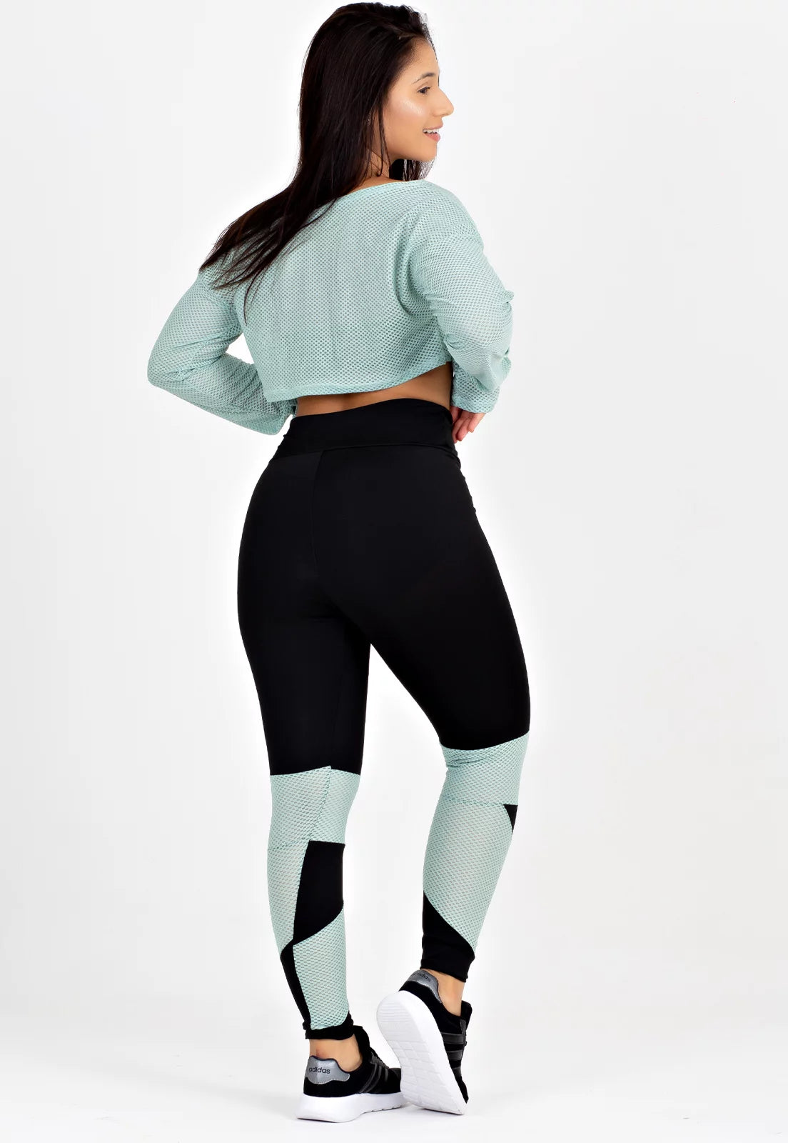 Conjunto Fitness Kit Cropped Em Tela Calça Legging Detalhe Verde