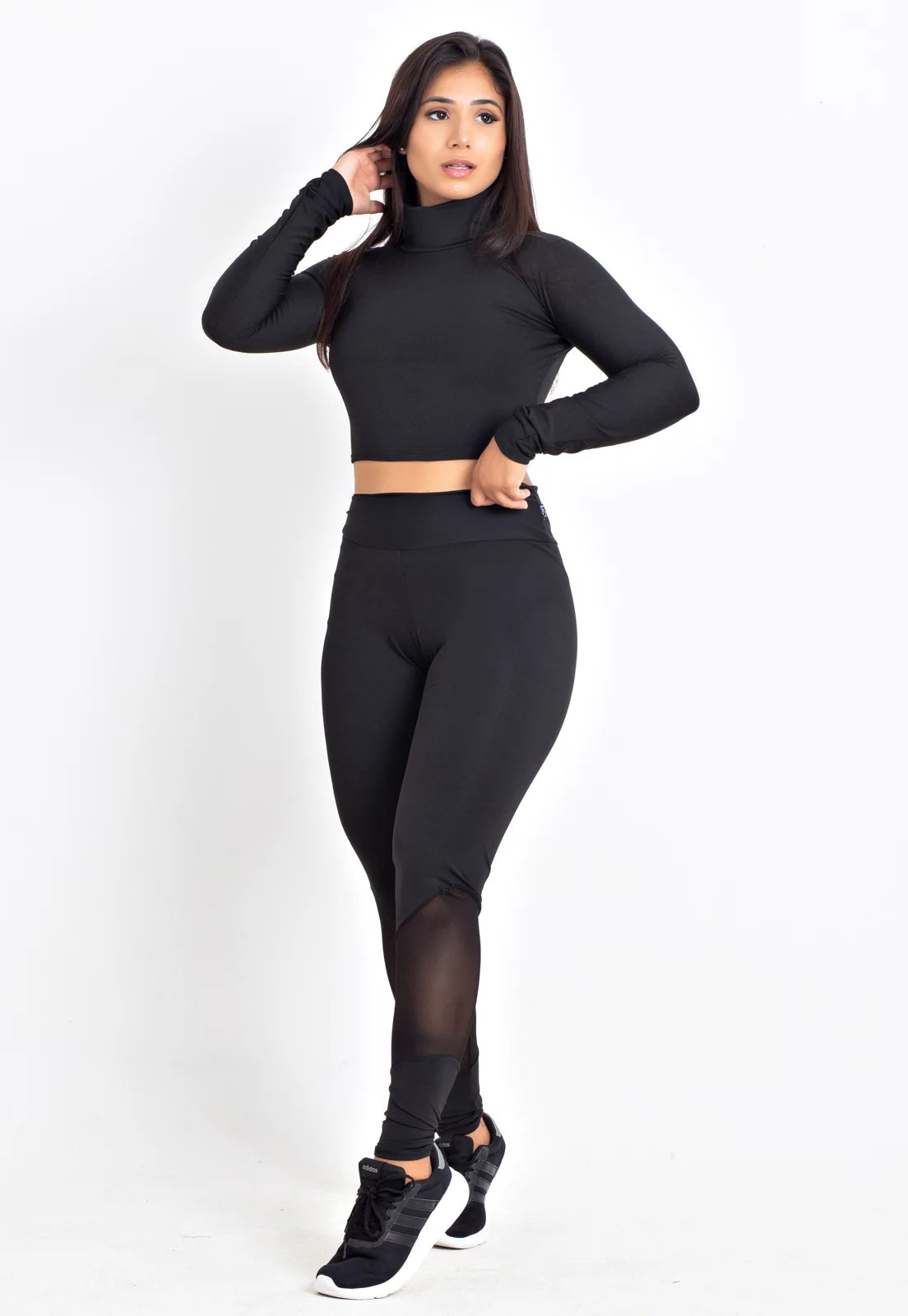 Conjunto Fitness Kit Cropped Gola Alta Manga Longa Calça Legging Preto