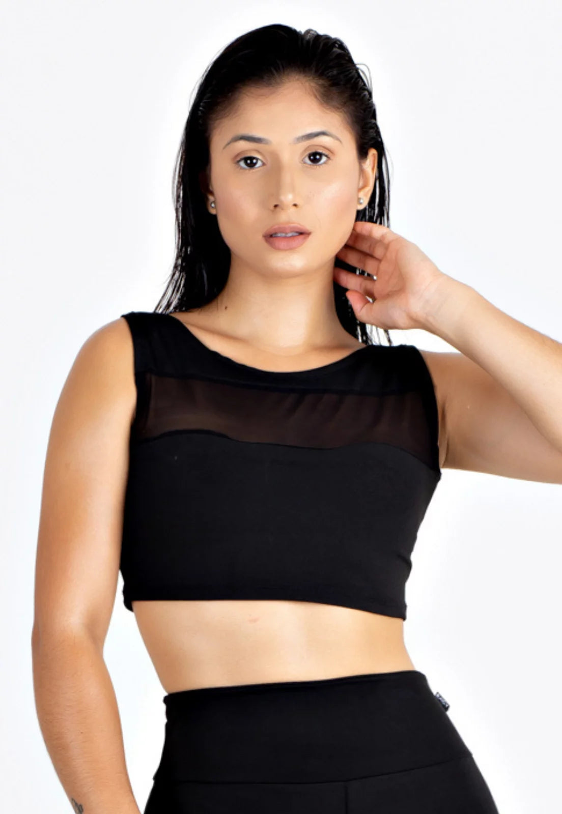Cropped Fitness Preto e Transparência