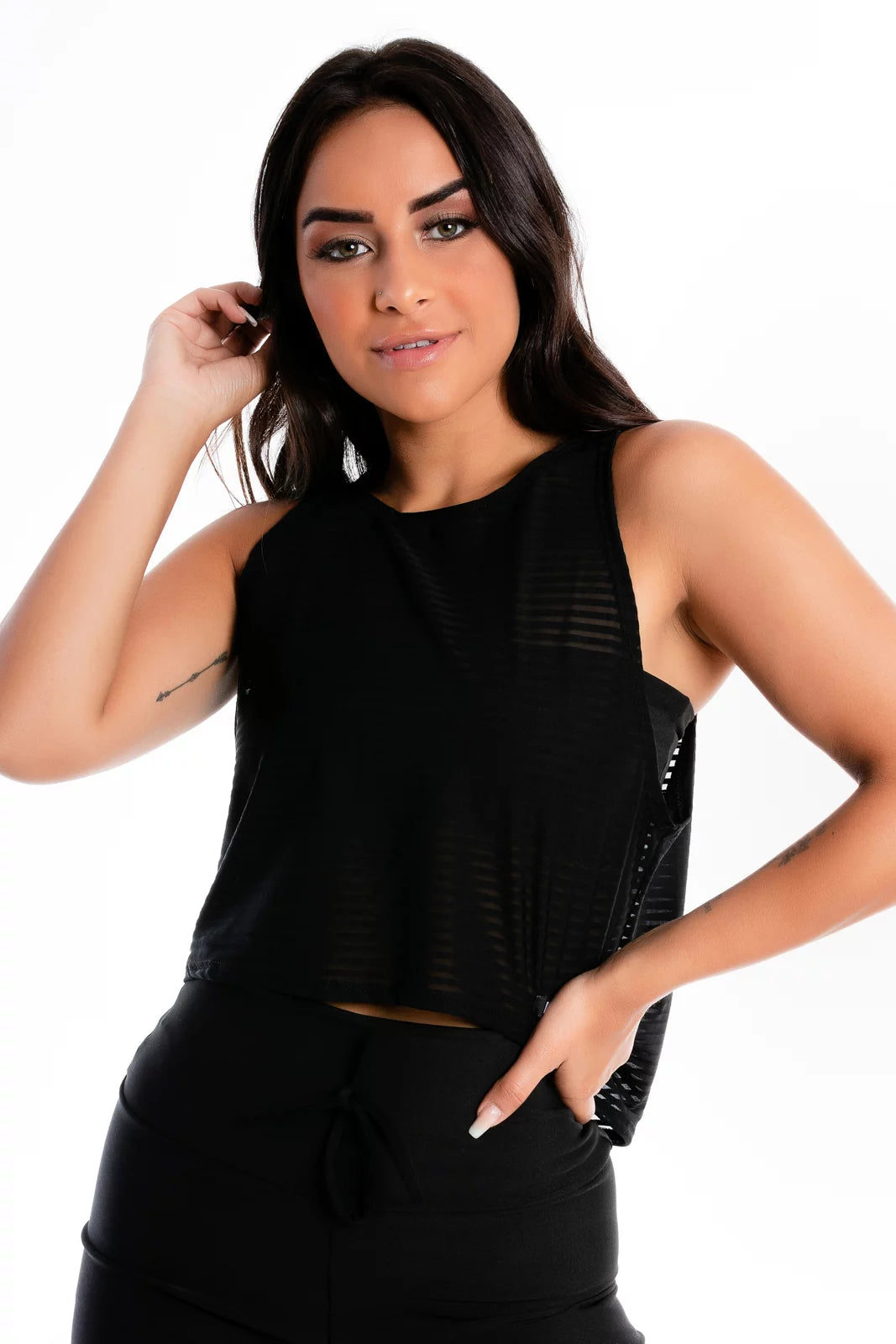 Blusa Feminina Com Transparencia Preta E Cropped Tomara que Caia
