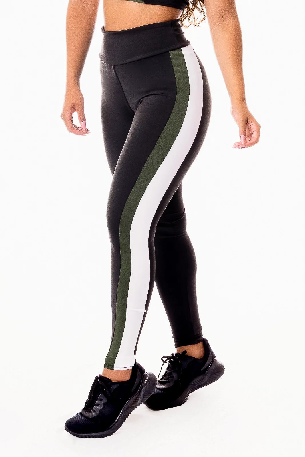 Calça Legging Listra Lateral verde e Branca