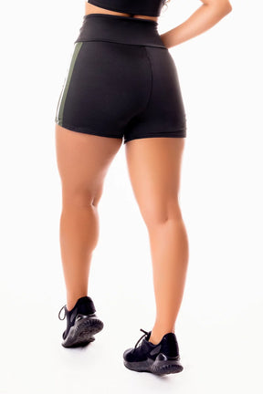 Short Fitness Academia Preto com Branco e Verde Militar Cintura Alta