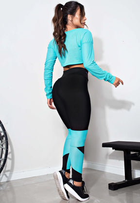 Cropped Fitness Manga Longa de Tela Azul Tiffany
