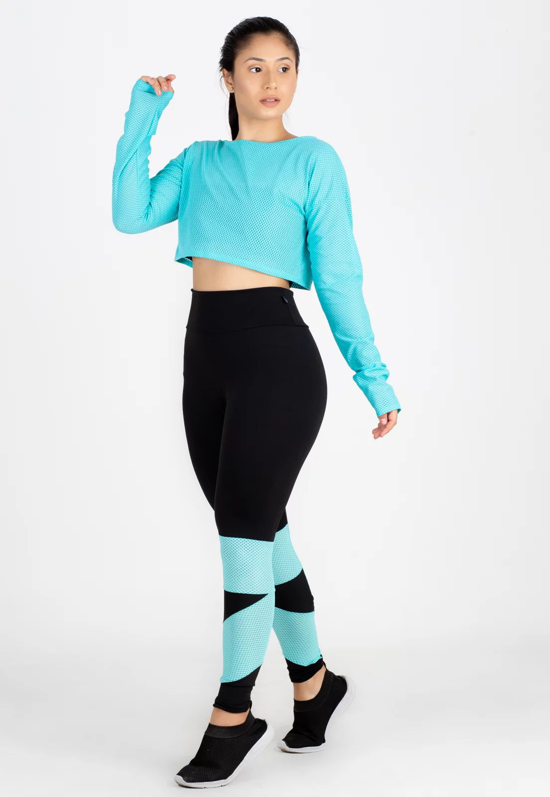 Conjunto Fitness Kit Cropped e Calça Legging Renda Azul Tiffany
