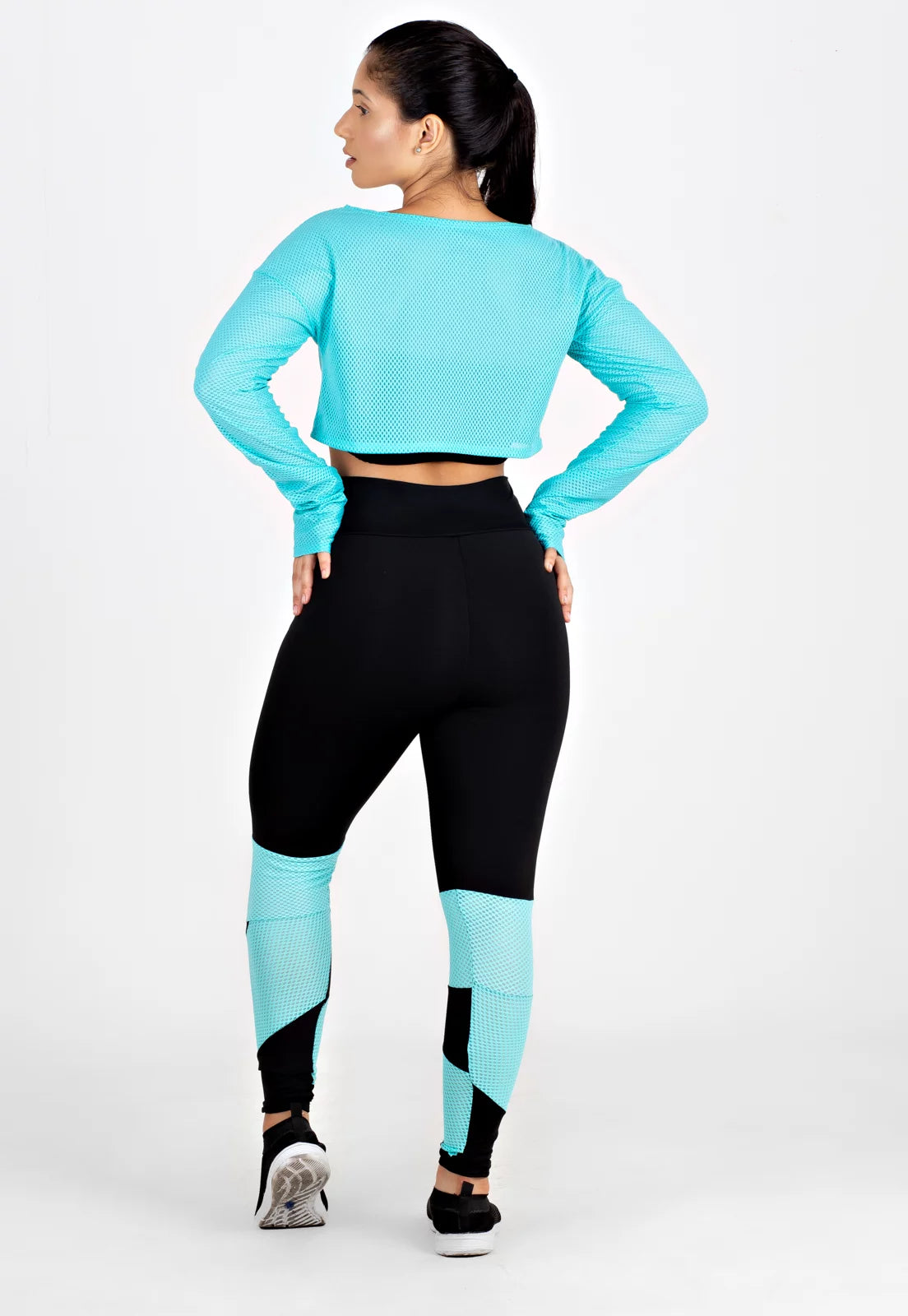 Conjunto Fitness Kit Cropped e Calça Legging Renda Azul Tiffany