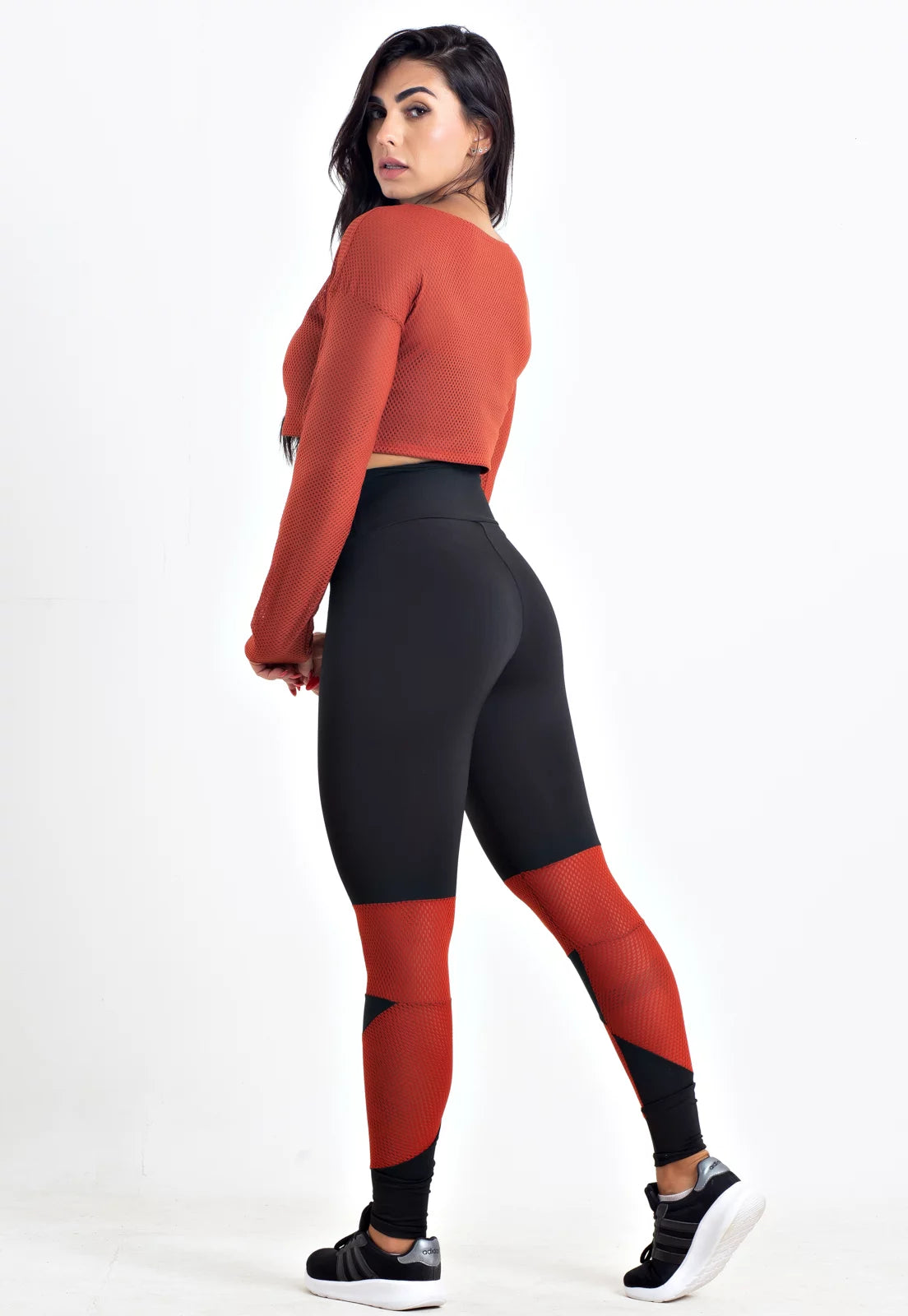 Conjunto Fitness Kit Cropped e Calça Legging Renda Terra Cota