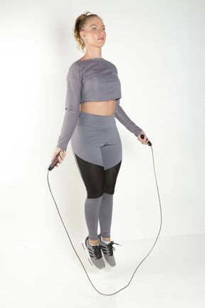 Conjunto Fitness Kit Calça Legging Cropped Tela Manga Longa Cinza