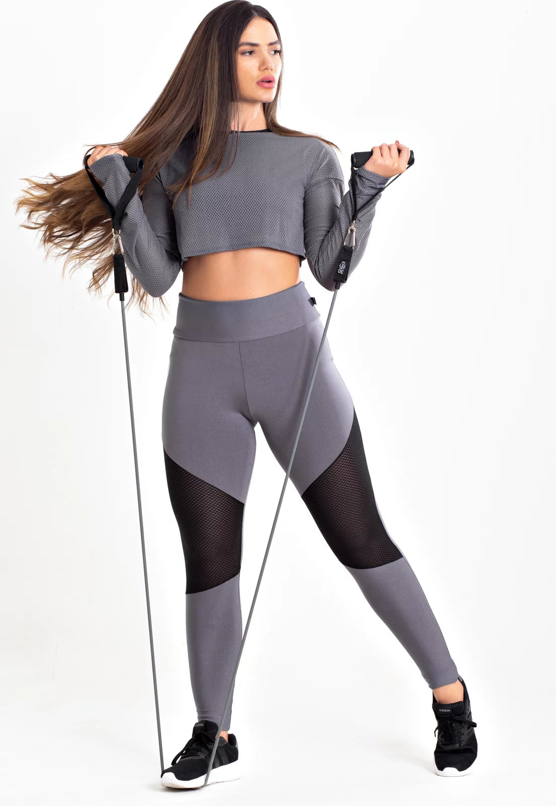Conjunto Fitness Kit Calça Legging Cropped Tela Manga Longa Cinza