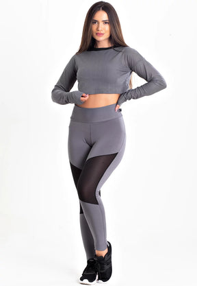 Conjunto Fitness Kit Calça Legging Cropped Tela Manga Longa Cinza