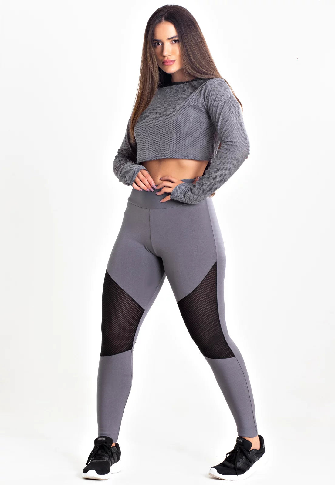 Conjunto Fitness Kit Calça Legging Cropped Tela Manga Longa Cinza