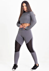 Conjunto Fitness Kit Calça Legging Cropped Tela Manga Longa Cinza