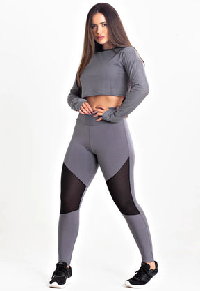 Conjunto Fitness Kit Calça Legging Cropped Tela Manga Longa Cinza