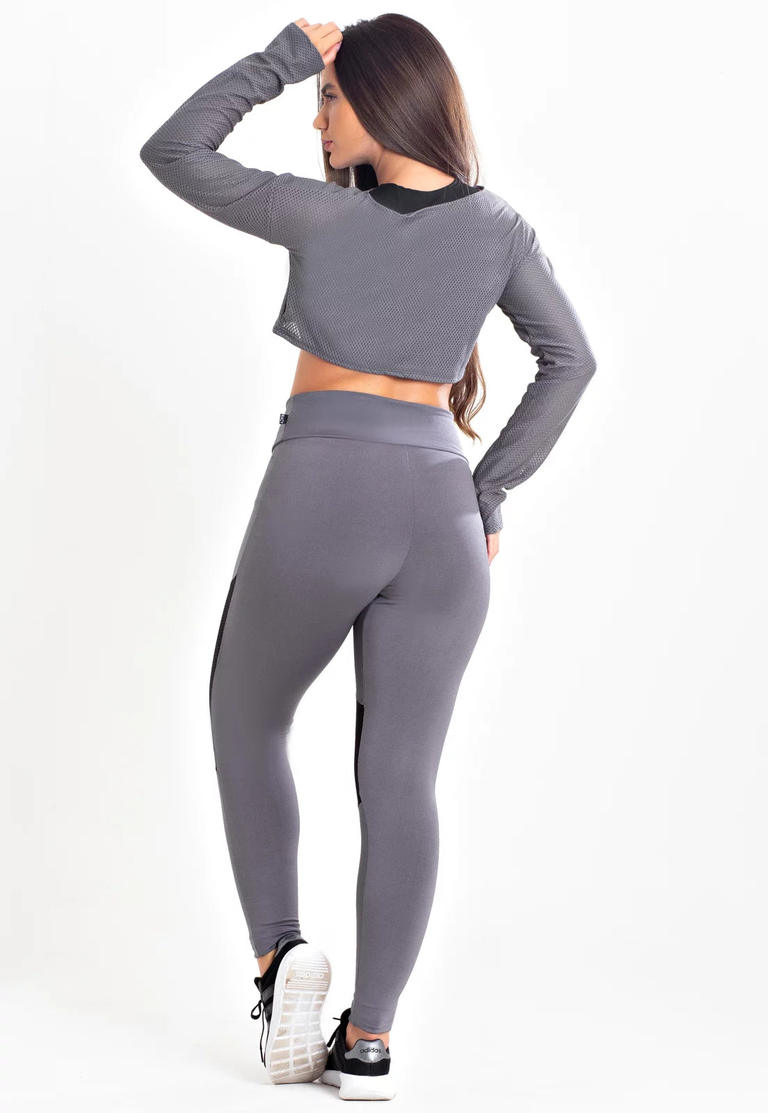 Conjunto Fitness Kit Calça Legging Cropped Tela Manga Longa Cinza
