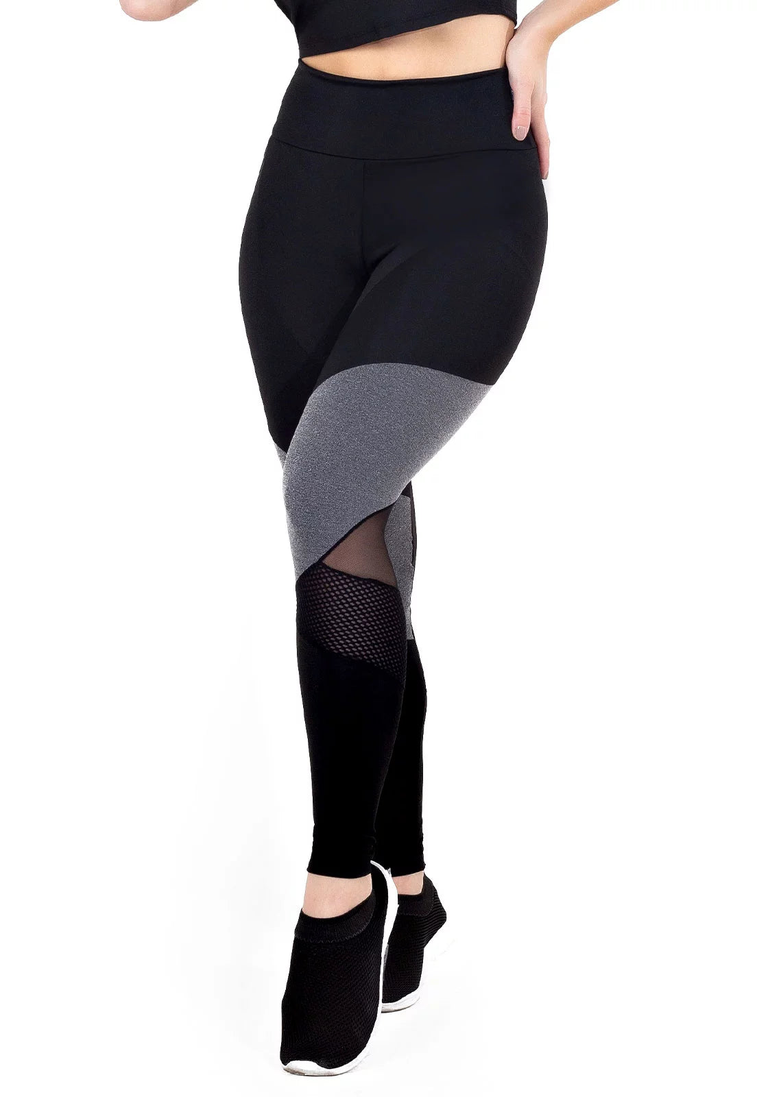 Calça Legging Cintura Alta Detalhe em Tulê Tela Preto e Cinza