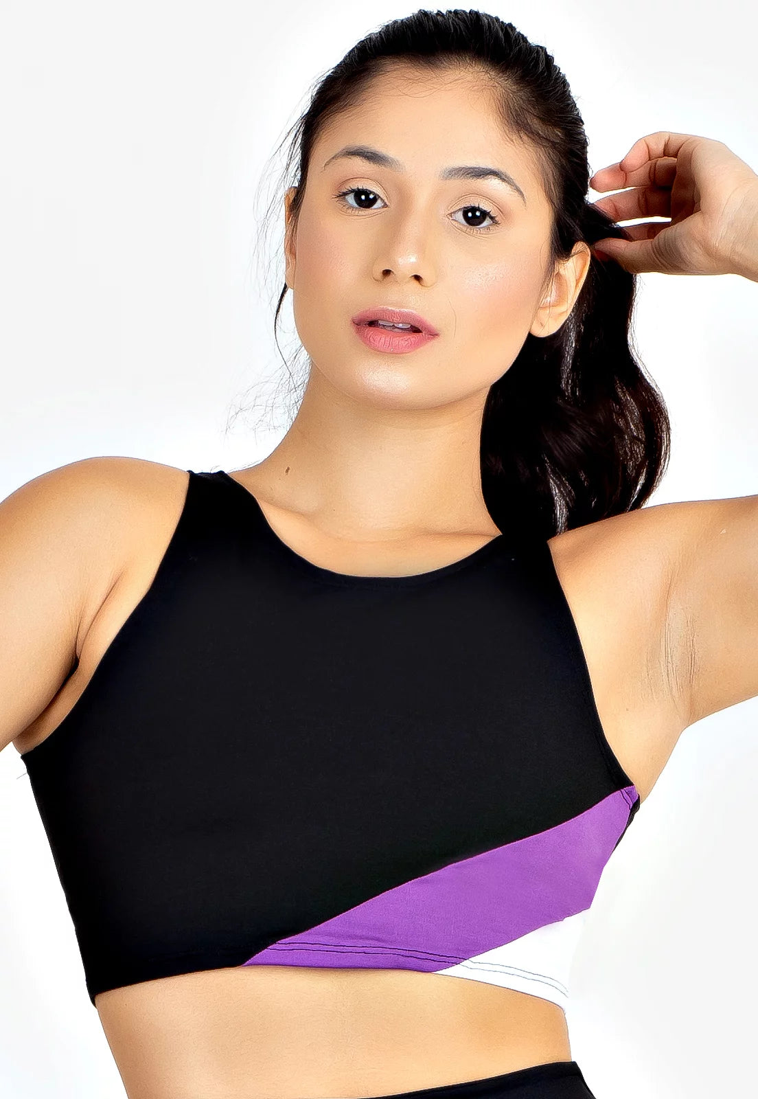 Cropped Preto com Detalhe Listra Lateral Roxo e Branco