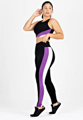 Conjunto Kit Cropped Calça Legging Preto Roxo e Branco