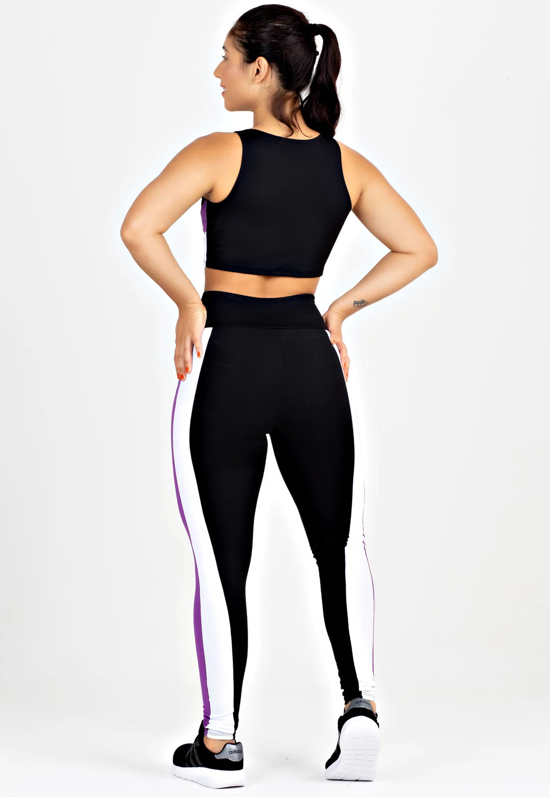 Conjunto Kit Cropped Calça Legging Preto Roxo e Branco
