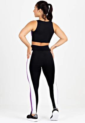 Conjunto Kit Cropped Calça Legging Preto Roxo e Branco