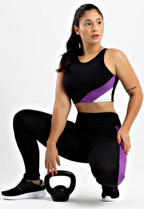 Conjunto Kit Cropped Calça Legging Preto Roxo e Branco