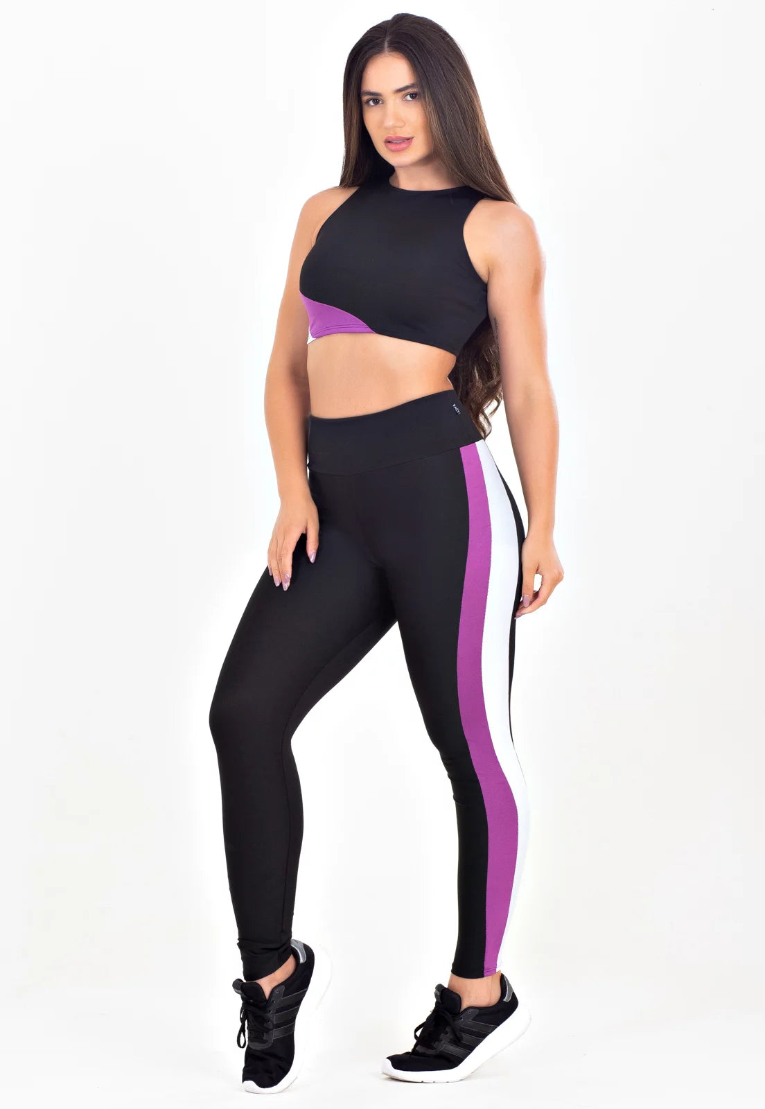 Conjunto Kit Cropped Calça Legging Preto Roxo e Branco