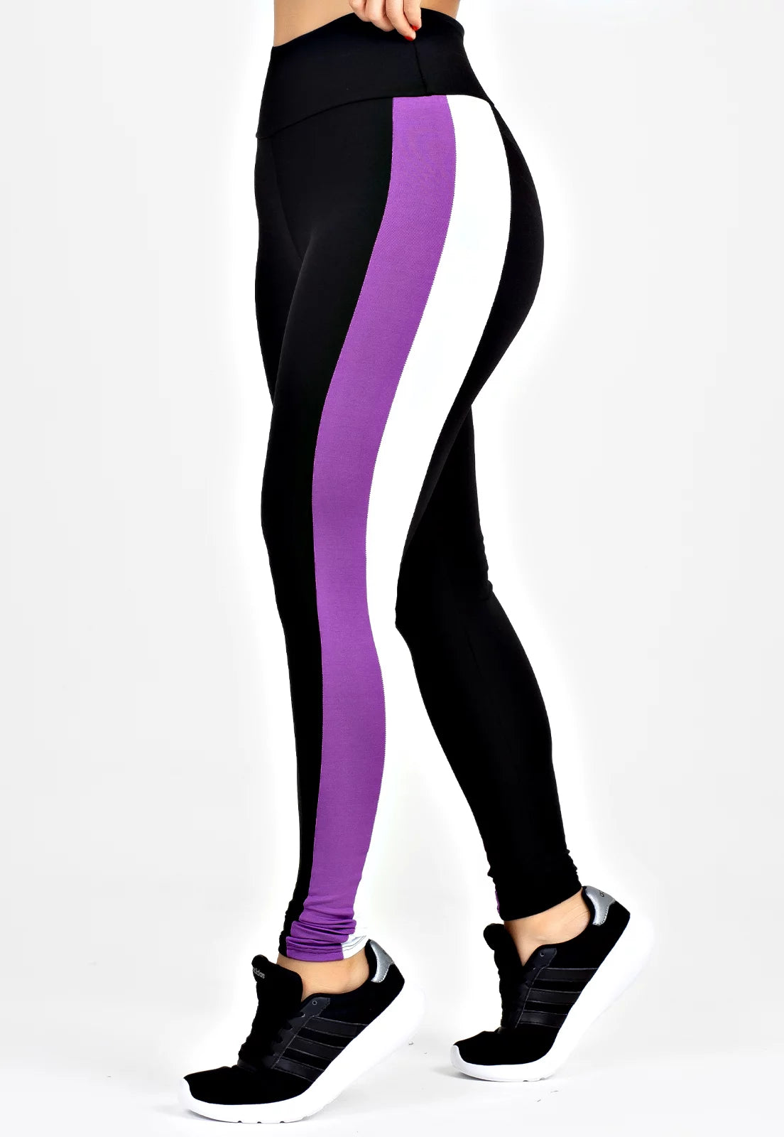 Calça Legging Listra Lateral Branco e Roxo