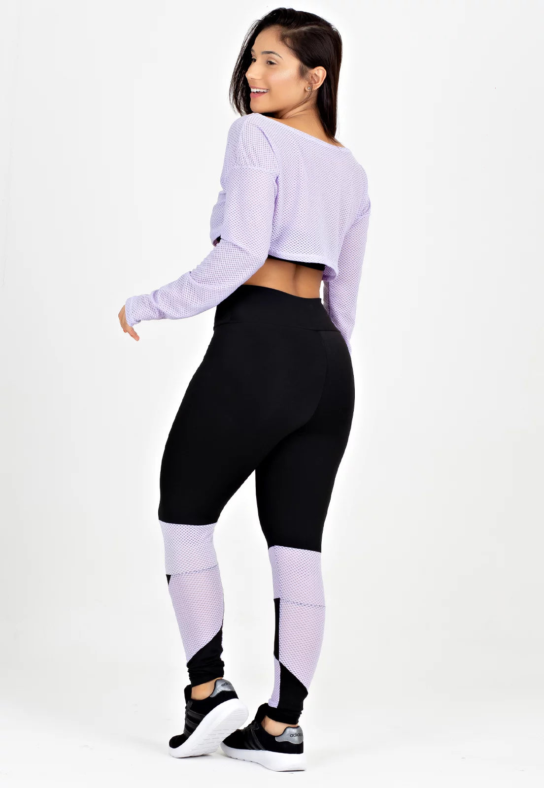 Conjunto Fitness Kit Cropped Calça Legging Preto e Lilás