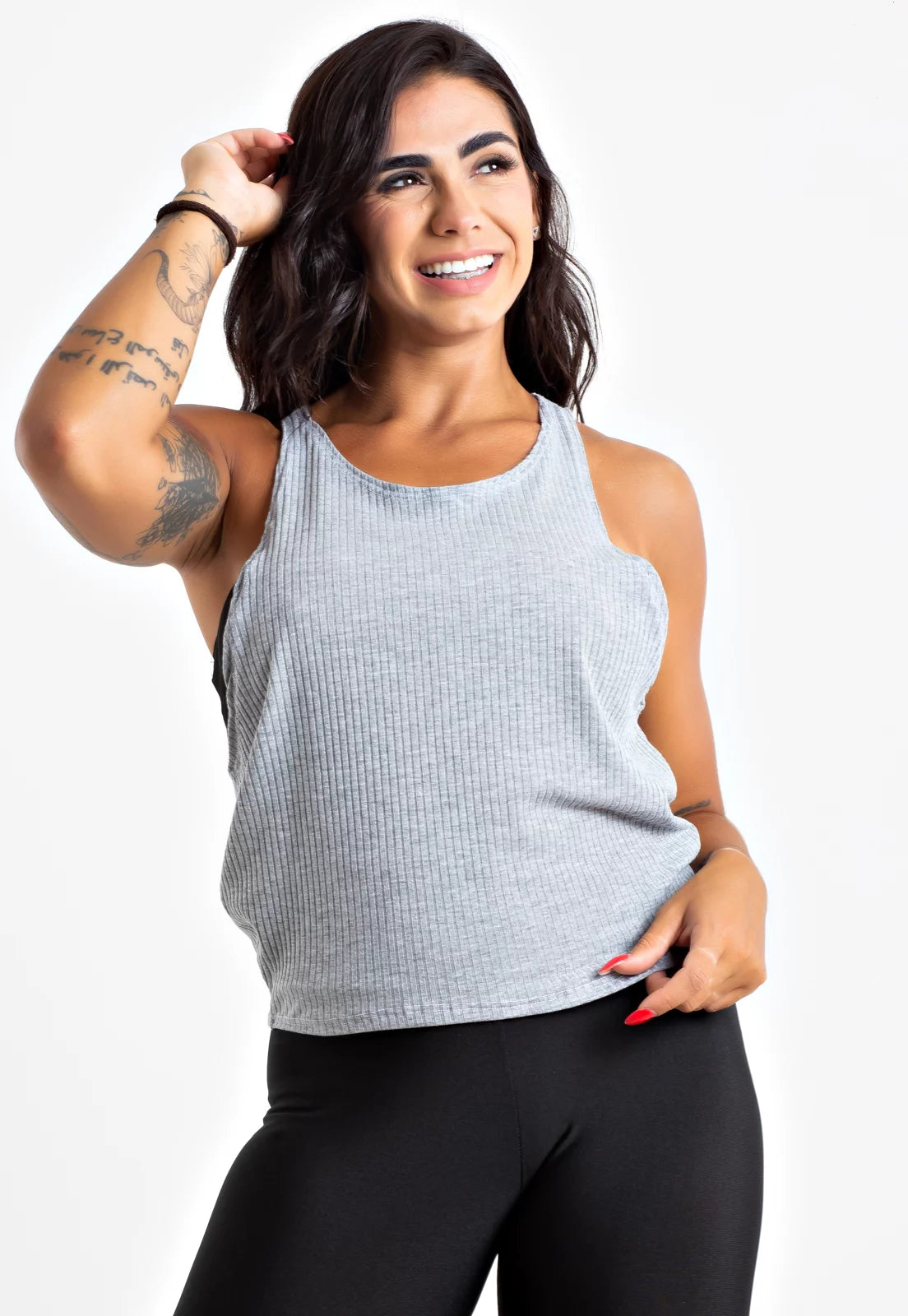 Blusa Regata Fitness Nadador Tela Dryfit Cinza